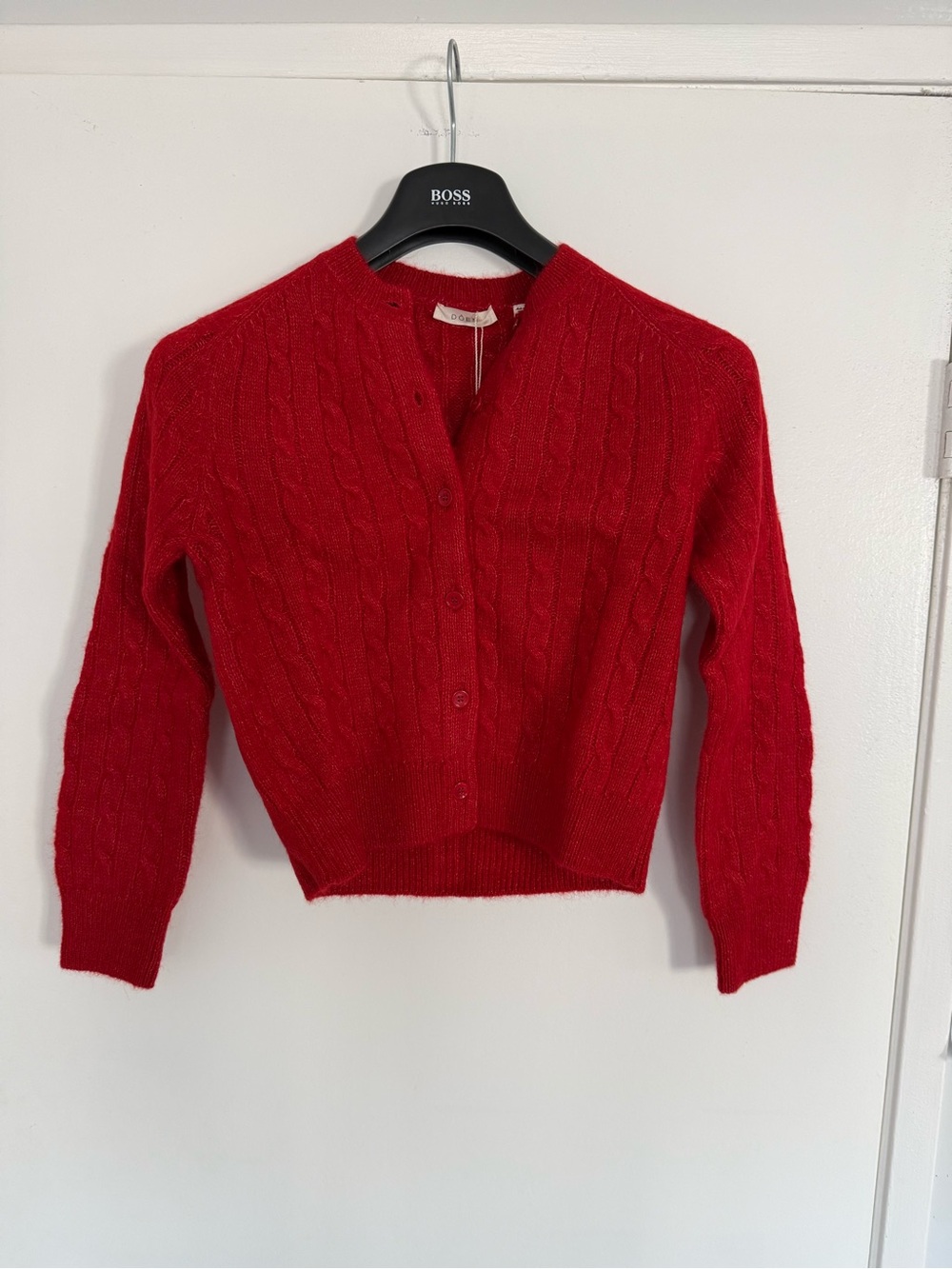 Doen Penrose Red Cable Knit Cashmere Sweater Cardigan in Cerise